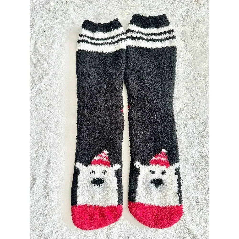Christmas, polar bear, black, white and red fuzzy socks